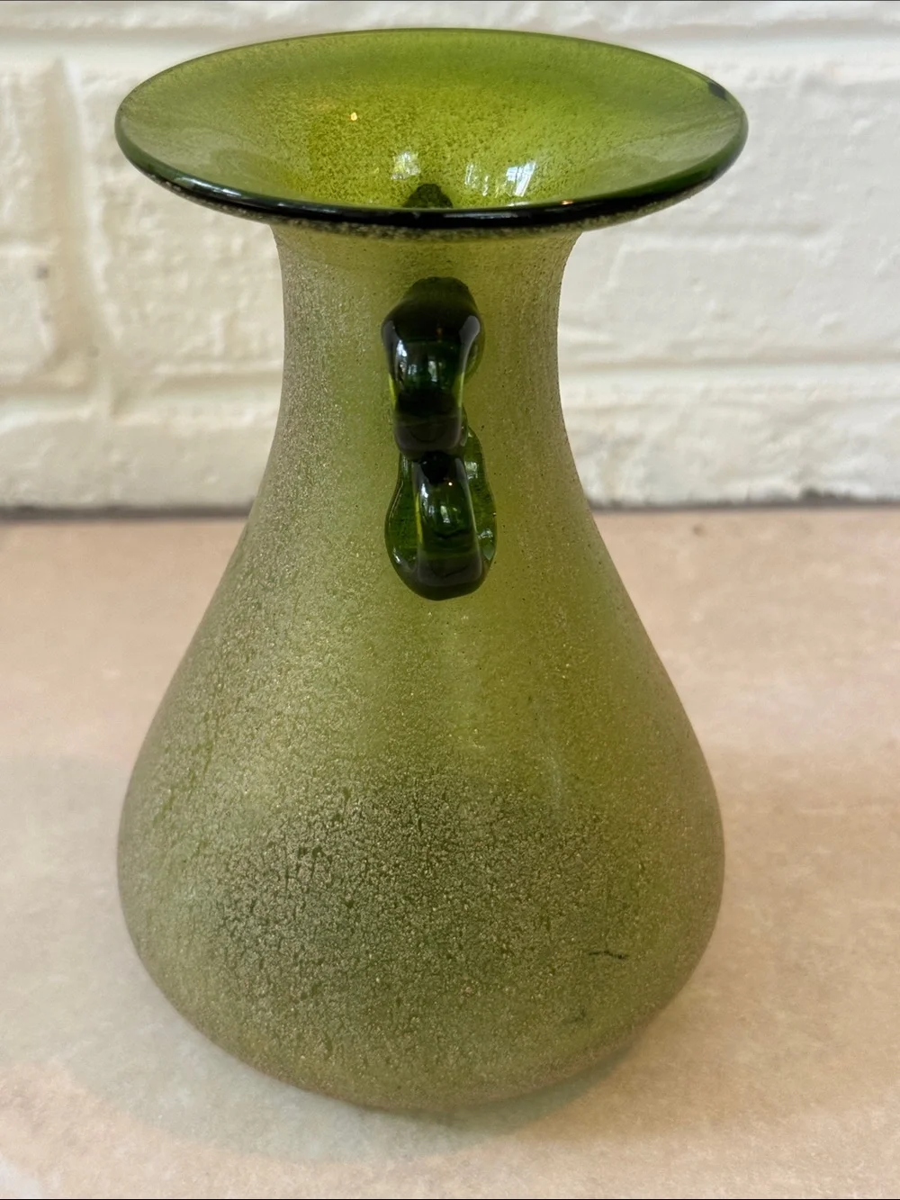 Green Art Glass Textured w/ Applied Handles Vase 5.75